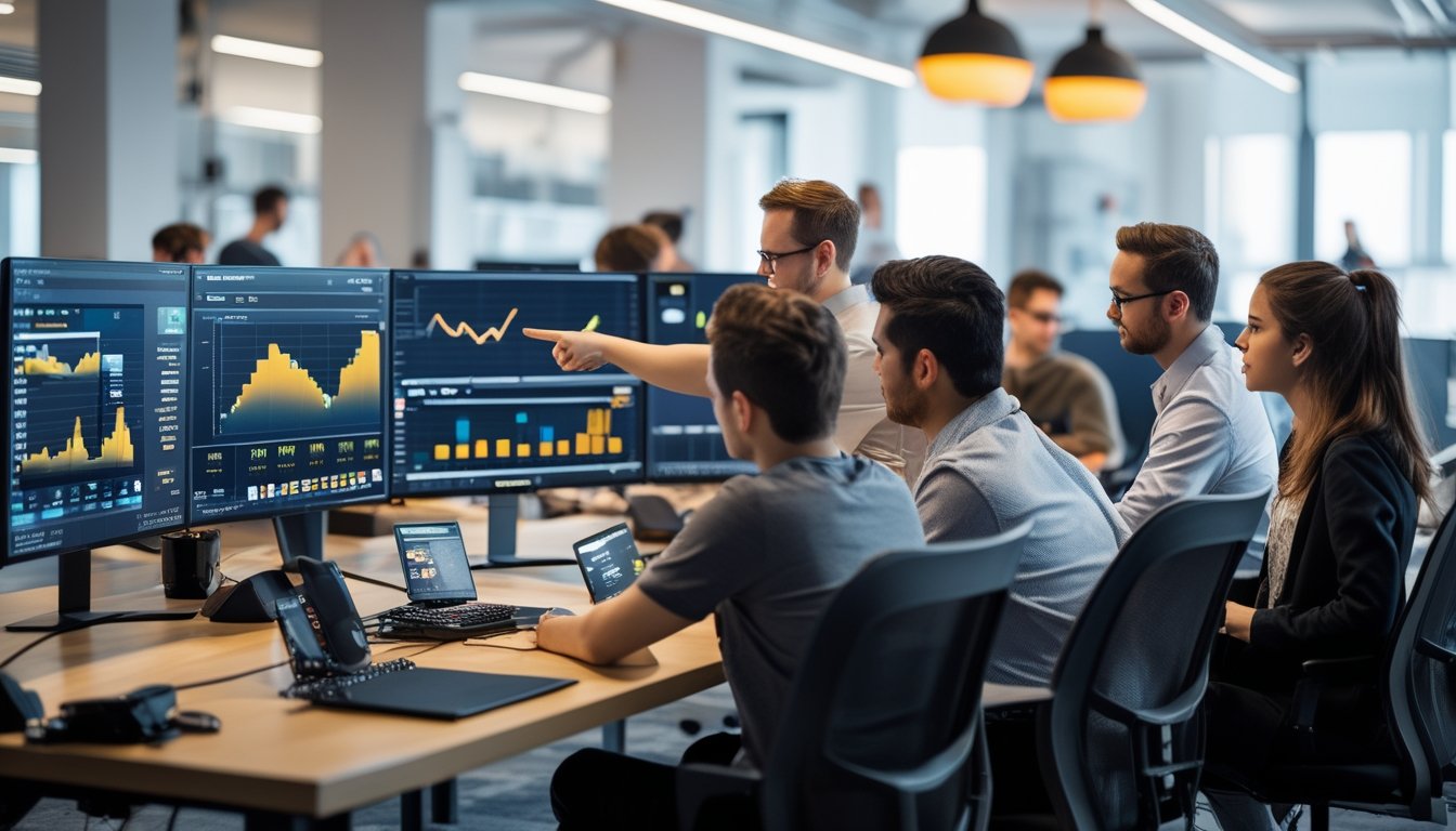 Sekelompok orang bekerja sama di ruang kantor dengan komputer dan layar yang menampilkan grafik dan strategi permainan online.