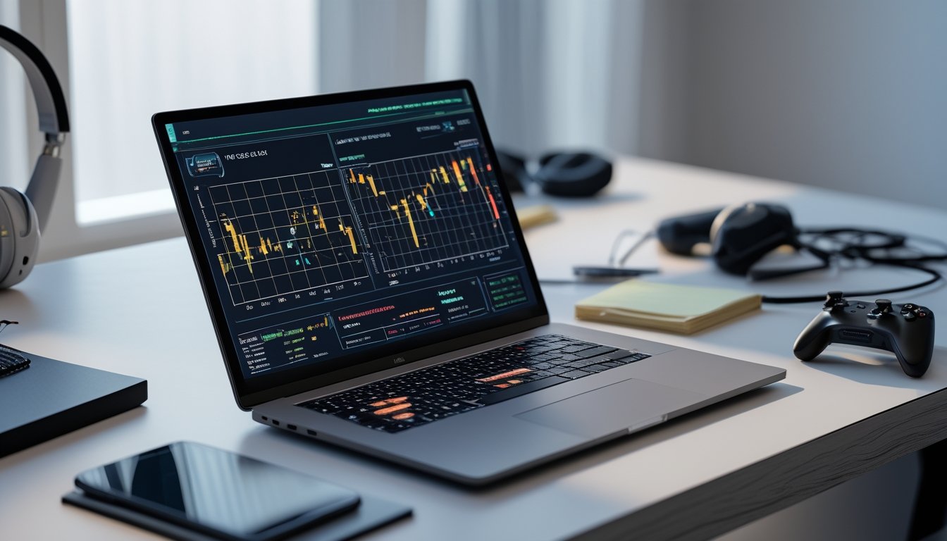 Meja kerja modern dengan laptop menampilkan grafik dan data strategi permainan, dikelilingi catatan dan aksesori game.