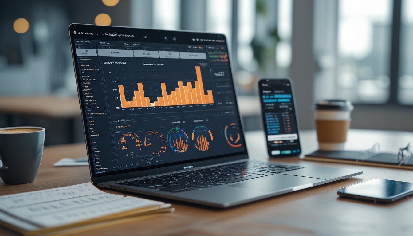 Seorang pengguna bekerja dengan laptop yang menampilkan grafik prediksi balapan kuda, dikelilingi oleh catatan dan ponsel di meja kerja modern.