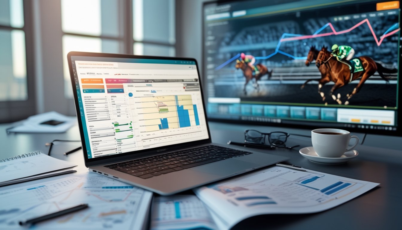 Seorang analis sedang bekerja dengan laptop dan grafik data terkait prediksi balap kuda secara online di meja kerja modern.