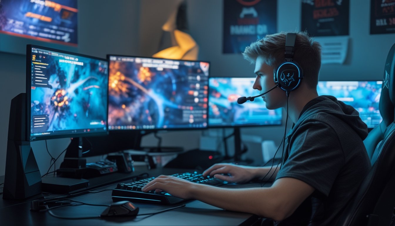 Seorang gamer muda fokus bermain game online di depan komputer dengan beberapa monitor yang menampilkan grafik permainan futuristik.