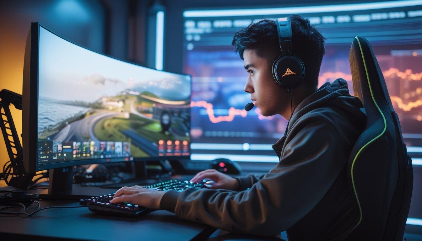 Seorang pemain muda fokus bermain game lari online di meja dengan komputer dan peralatan gaming.