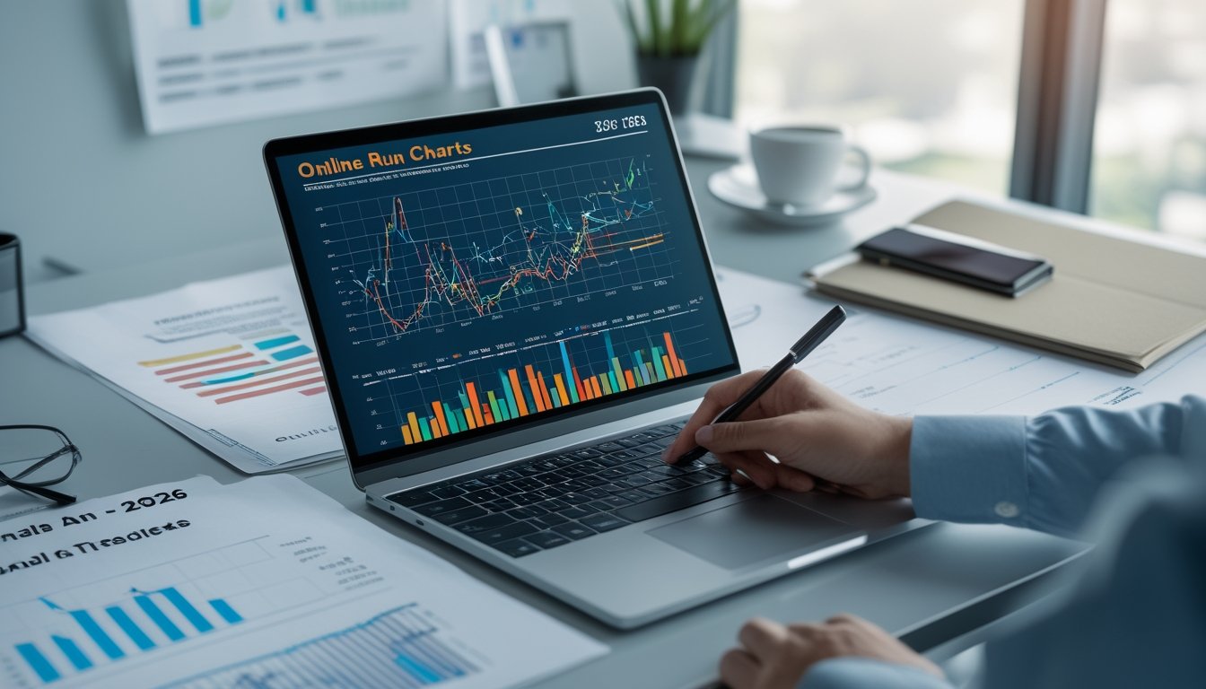 Seseorang sedang menganalisis grafik data di laptop di ruang kerja modern dengan catatan dan alat tulis di sekitar.