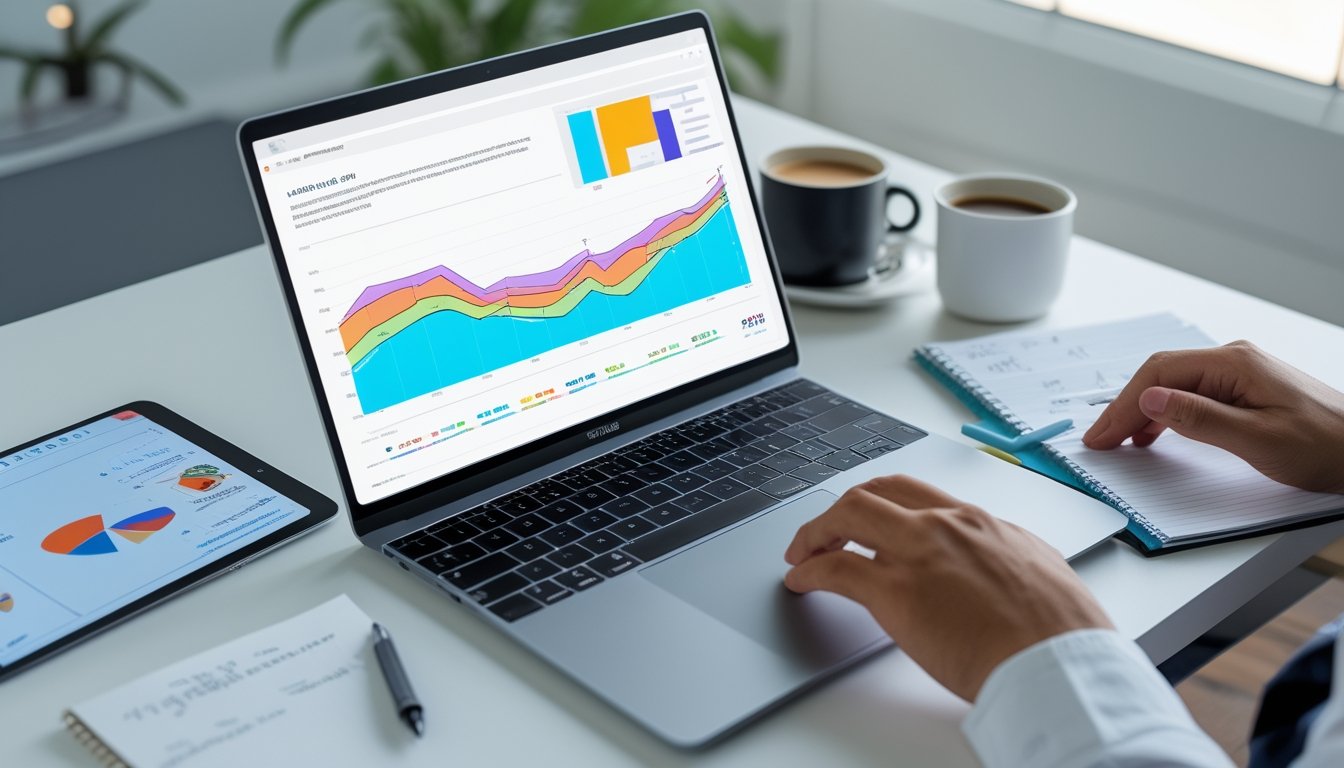 Seorang profesional sedang bekerja dengan laptop yang menampilkan grafik dan diagram warna-warni di meja kerja yang rapi di kantor terang.