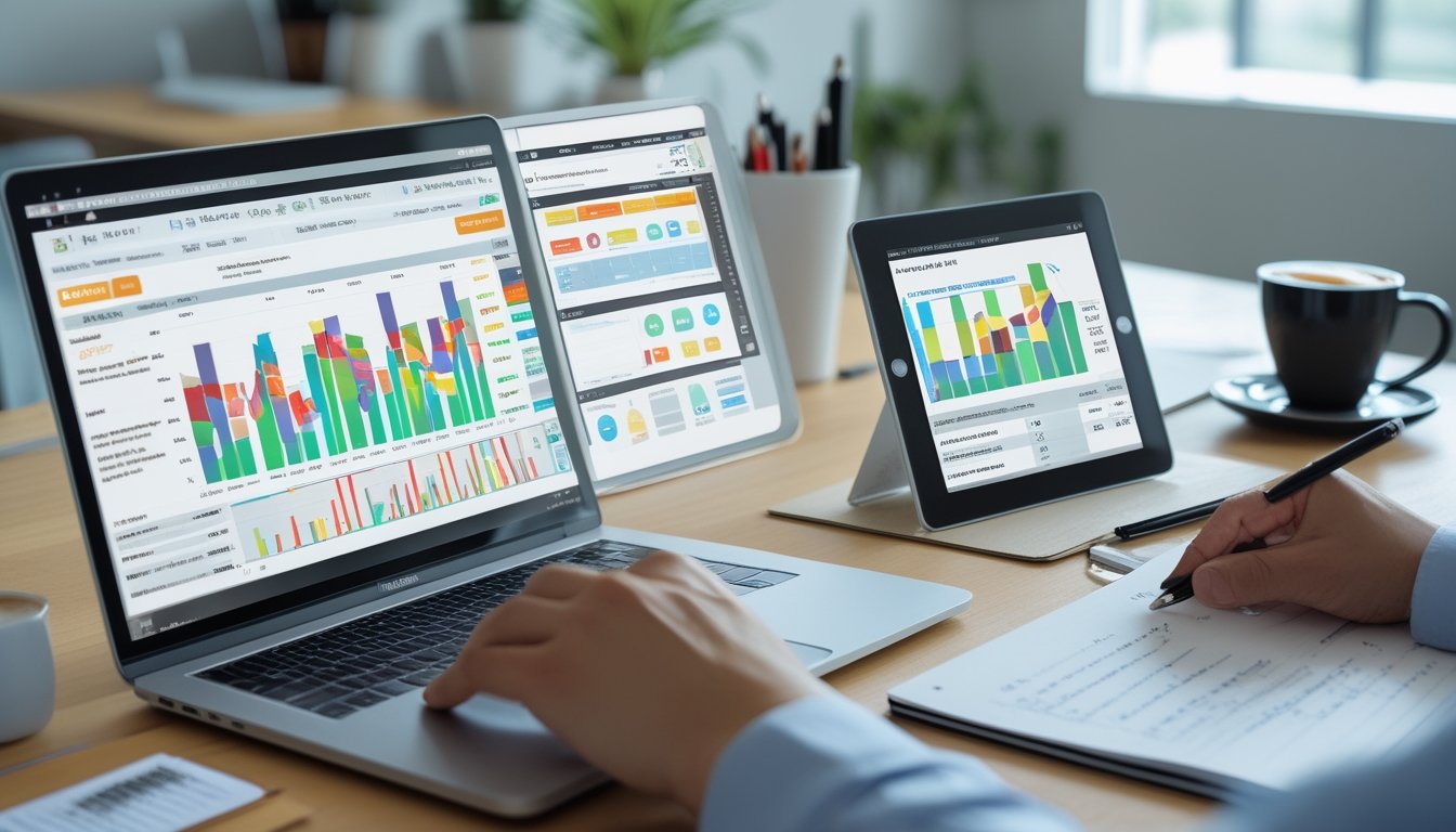Seorang profesional sedang menganalisis data di meja kerja dengan laptop, tablet, dan ponsel di ruang kantor yang terang.
