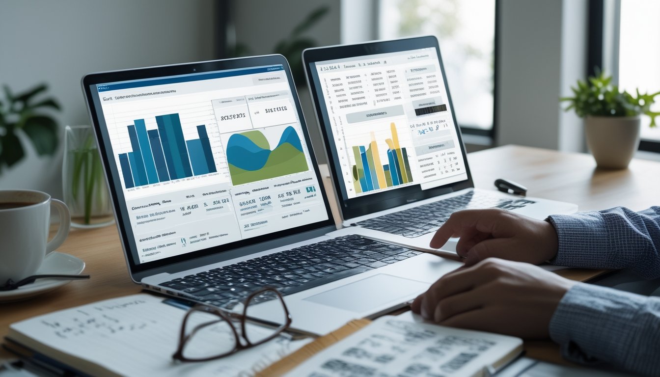 Seorang analis bekerja di meja dengan laptop, tablet, dan catatan, memeriksa data untuk menentukan angka terbaik dalam derby online.