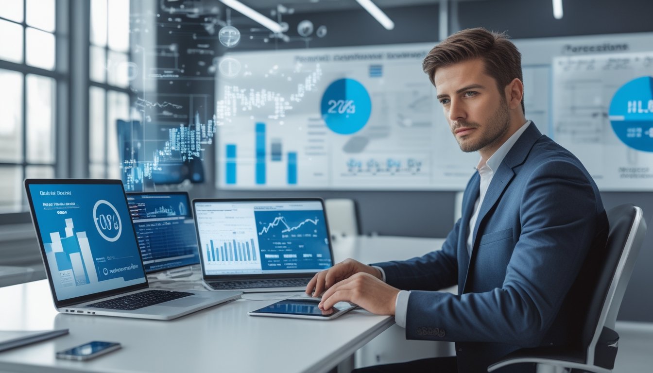 Seorang profesional bisnis duduk di meja kantor dengan perangkat digital yang menampilkan grafik dan data keuangan, di ruang kerja terang dengan jendela besar.