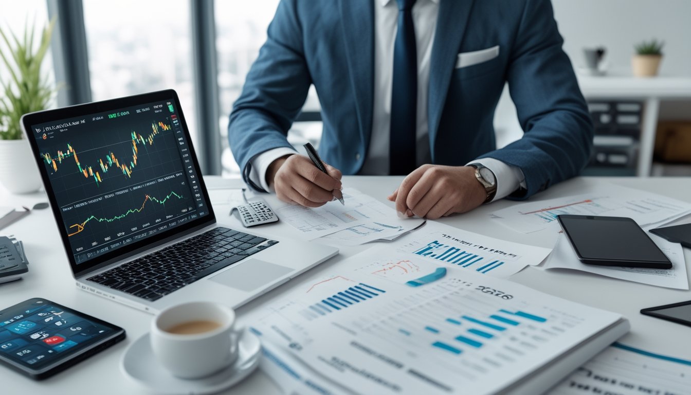 Seorang profesional bisnis sedang menganalisis data keuangan di meja kerja dengan laptop, ponsel, dan dokumen di kantor yang terang.