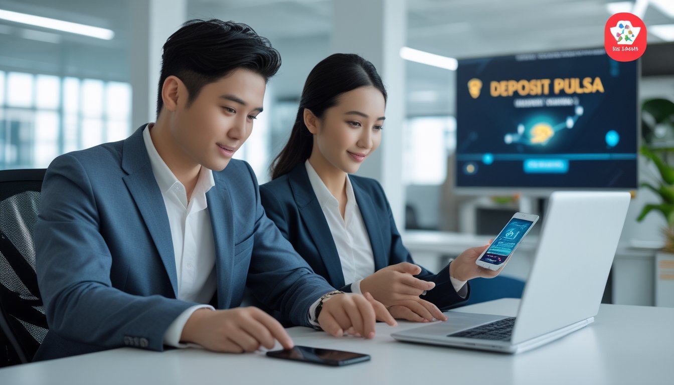 Dua orang muda sedang mendaftar akun online menggunakan laptop dan ponsel di kantor modern.