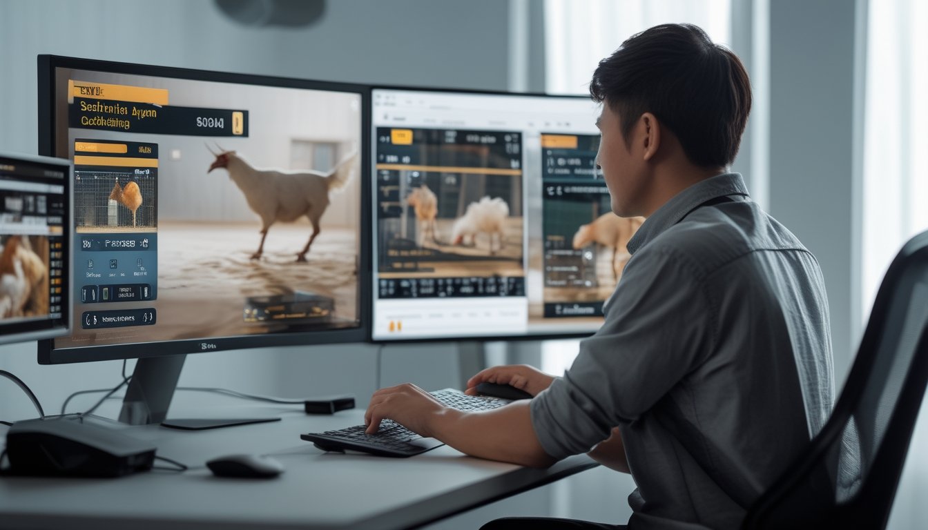 Seseorang duduk di depan komputer yang menampilkan siaran langsung sabung ayam dengan beberapa monitor di meja.