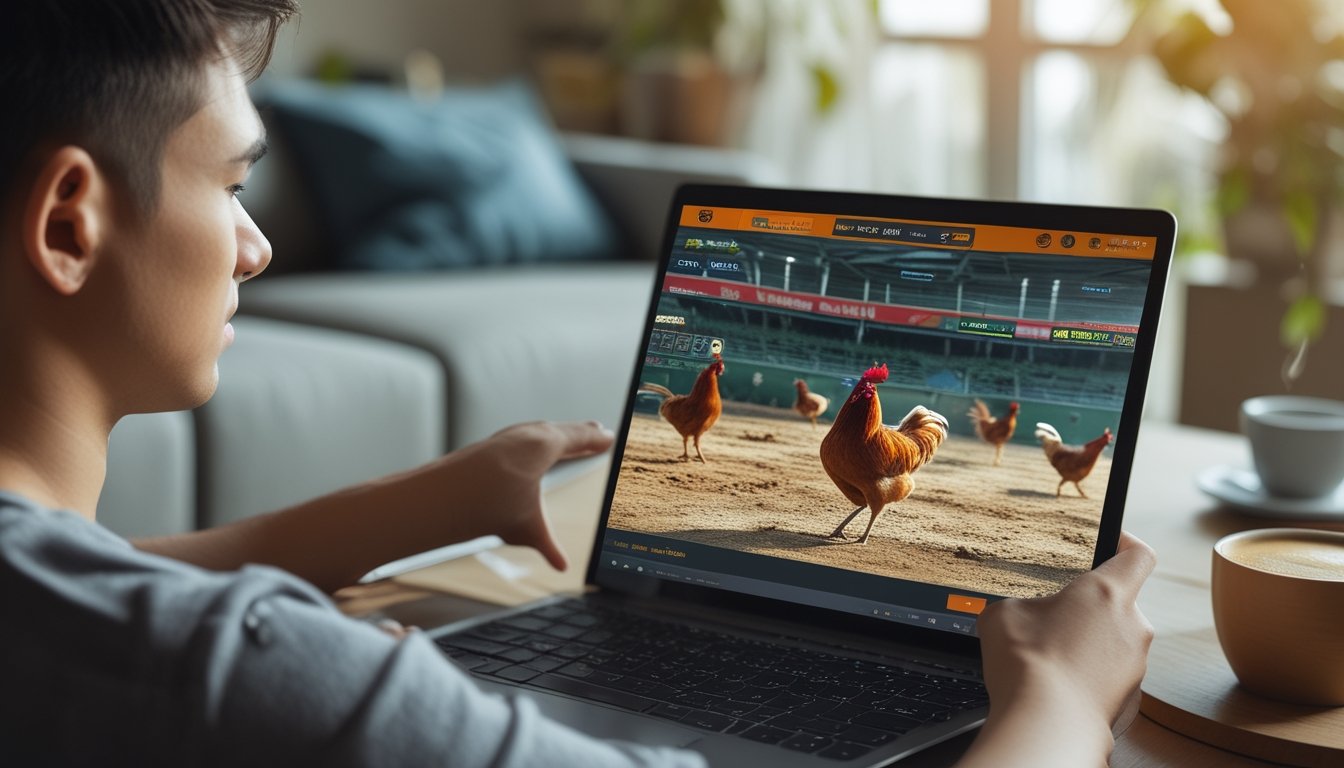 Seseorang sedang menggunakan laptop untuk menonton siaran langsung sabung ayam online di dalam ruangan yang nyaman.