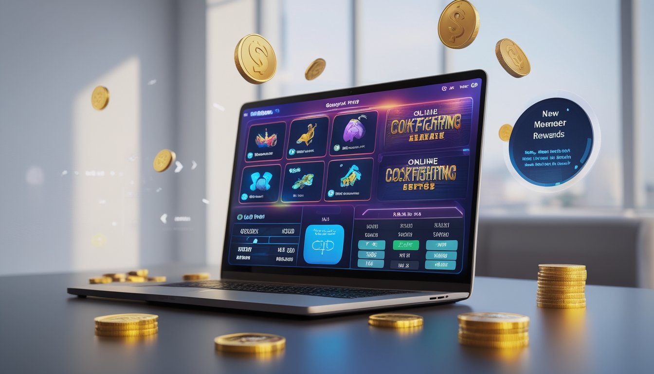 Sebuah laptop modern menampilkan antarmuka permainan online sabung ayam dengan simbol koin dan grafik bonus di sekitarnya.