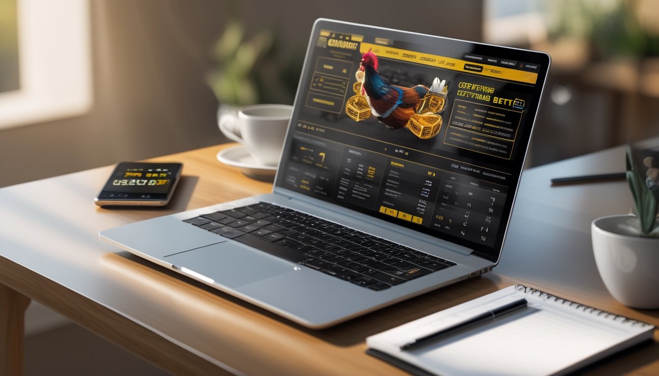 Seorang pengguna duduk di depan laptop dengan layar menampilkan platform taruhan sabung ayam online, di meja terdapat ponsel, secangkir kopi, dan alat tulis.