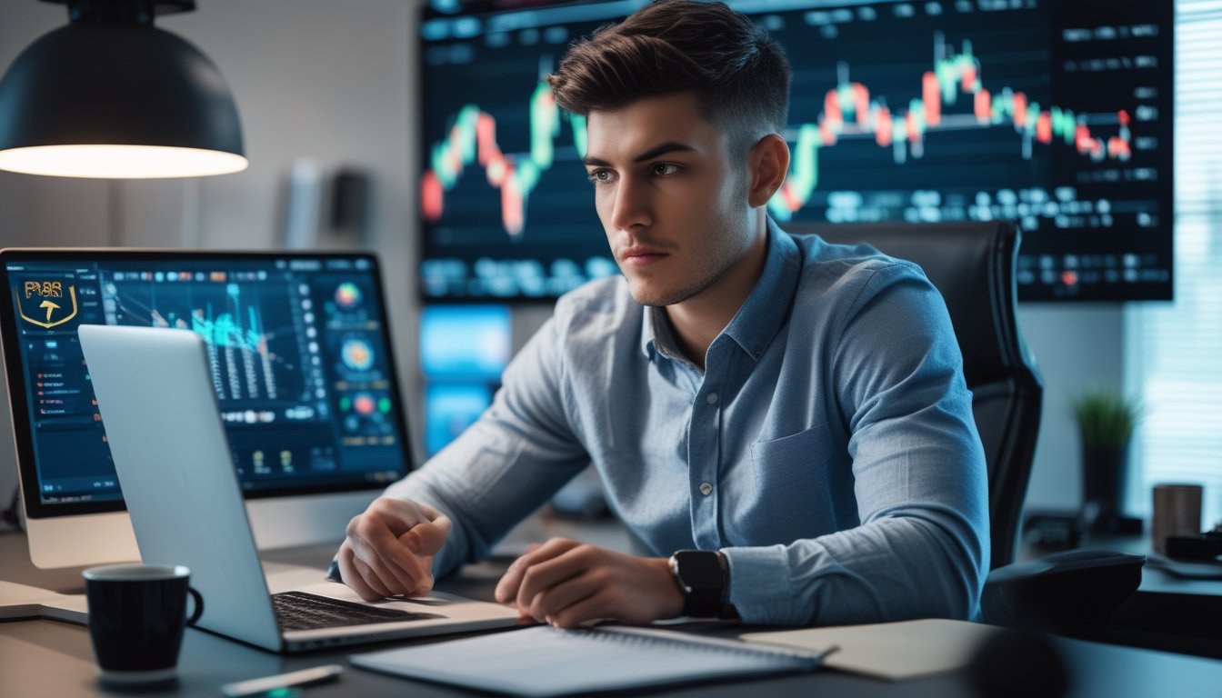 Seorang pria muda duduk di meja kerja modern sambil menganalisis data di laptop dengan grafik di layar tambahan, suasana kantor rumah yang terang dan rapi.