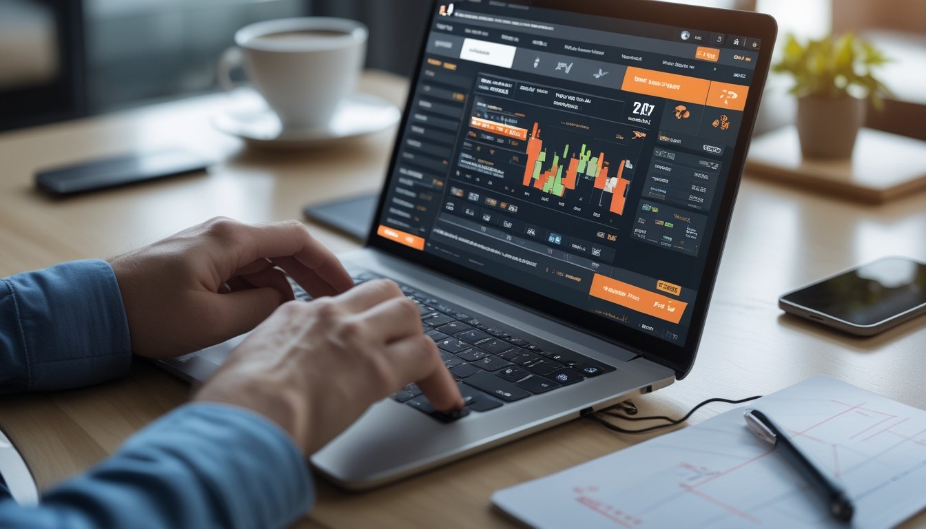 Seseorang sedang menggunakan laptop di meja kerja dengan tampilan platform taruhan sabung ayam online dan catatan strategi di sekitarnya.