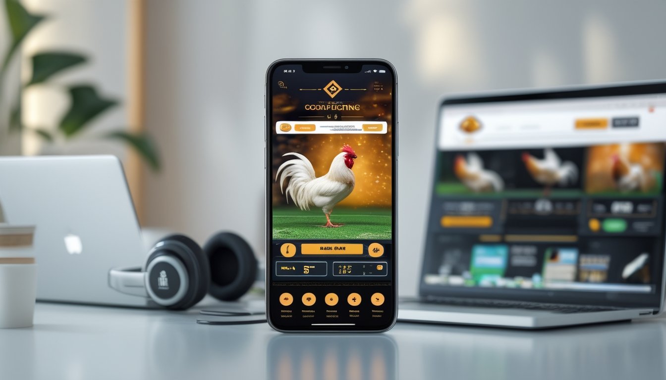Sebuah ponsel modern menampilkan aplikasi sabung ayam online dengan grafik ayam jago dan opsi taruhan, diletakkan di meja kerja dengan laptop dan cangkir kopi di latar belakang.