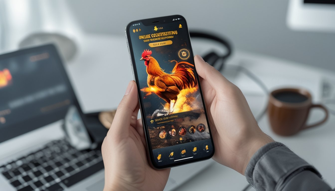 Sebuah ponsel menampilkan aplikasi sabung ayam online dengan latar meja kerja minimalis dan perangkat teknologi.