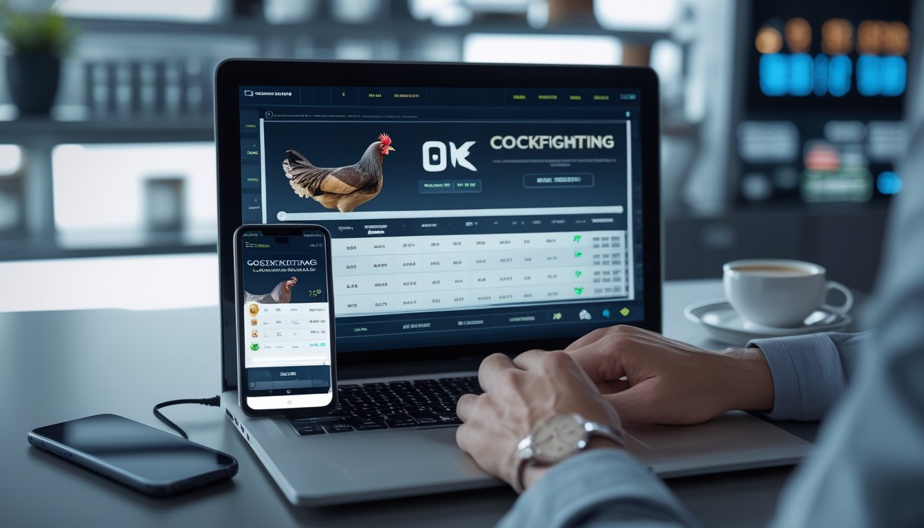 Seorang pria muda menggunakan laptop dan ponsel di ruang kerja rumah yang terang, menunjukkan aktivitas taruhan sabung ayam online dengan suasana profesional dan modern.