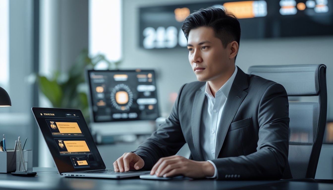 Seorang pria Asia Tenggara duduk di meja kantor modern dengan laptop dan ponsel, fokus mengelola transaksi online di lingkungan kantor yang terang dan rapi.