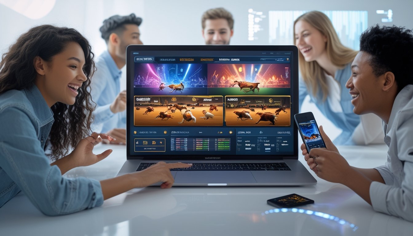 Beberapa orang muda sedang menggunakan laptop dan ponsel untuk melihat beberapa arena sabung ayam online secara bersamaan di lingkungan modern.