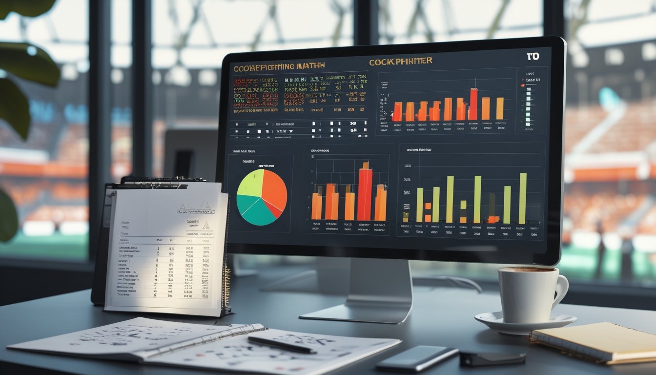 Sebuah ruang kerja modern dengan komputer yang menampilkan grafik statistik pertandingan sabung ayam dan dokumen di atas meja.