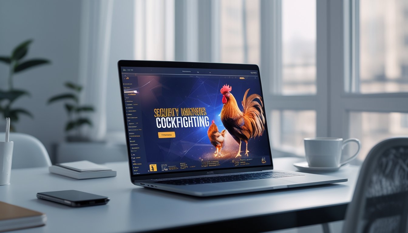 Meja kerja modern dengan laptop yang menampilkan situs web terkait hiburan online, di sekitar meja terdapat ponsel, cangkir kopi, dan buku catatan.