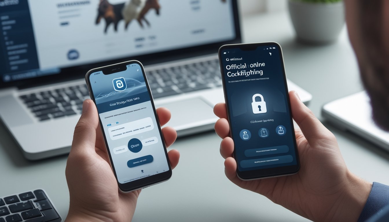 Seseorang menggunakan smartphone untuk melakukan transaksi e-wallet dengan laptop yang menampilkan situs taruhan sabung ayam online resmi di latar belakang.