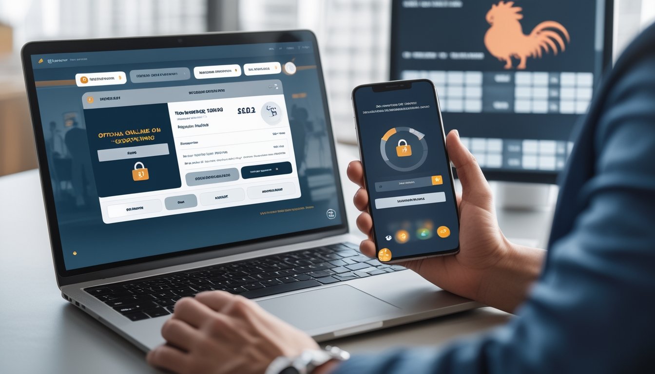 Seseorang menggunakan laptop dan ponsel untuk melakukan transaksi e-wallet yang aman dalam konteks taruhan online sabung ayam.