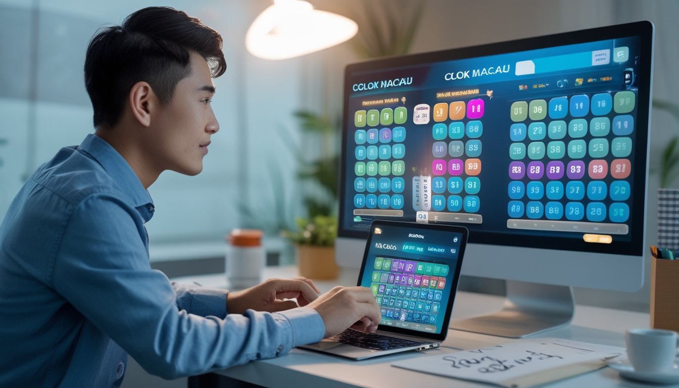 Seorang pria muda Indonesia duduk di meja dengan laptop dan ponsel, fokus bermain permainan lotere Colok Macau online.