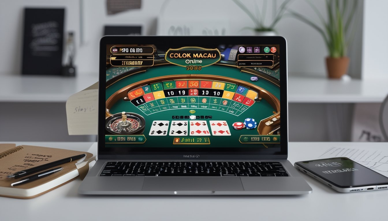 Seorang pengguna duduk di depan laptop dengan tampilan permainan Colok Macau online, disertai dengan buku catatan dan ponsel di atas meja kerja yang rapi.