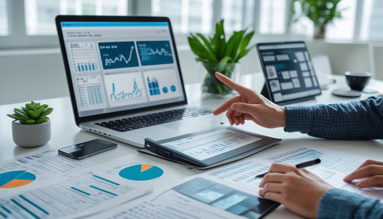 Meja kerja modern dengan perangkat digital dan dokumen statistik, seseorang sedang menganalisis data angka lotere dengan fokus.