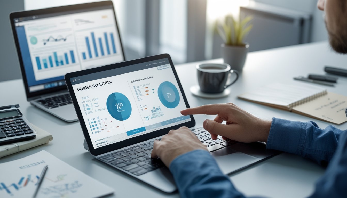 Meja kerja modern dengan perangkat digital menampilkan grafik dan data statistik, tangan seseorang sedang menganalisis angka di layar sentuh.