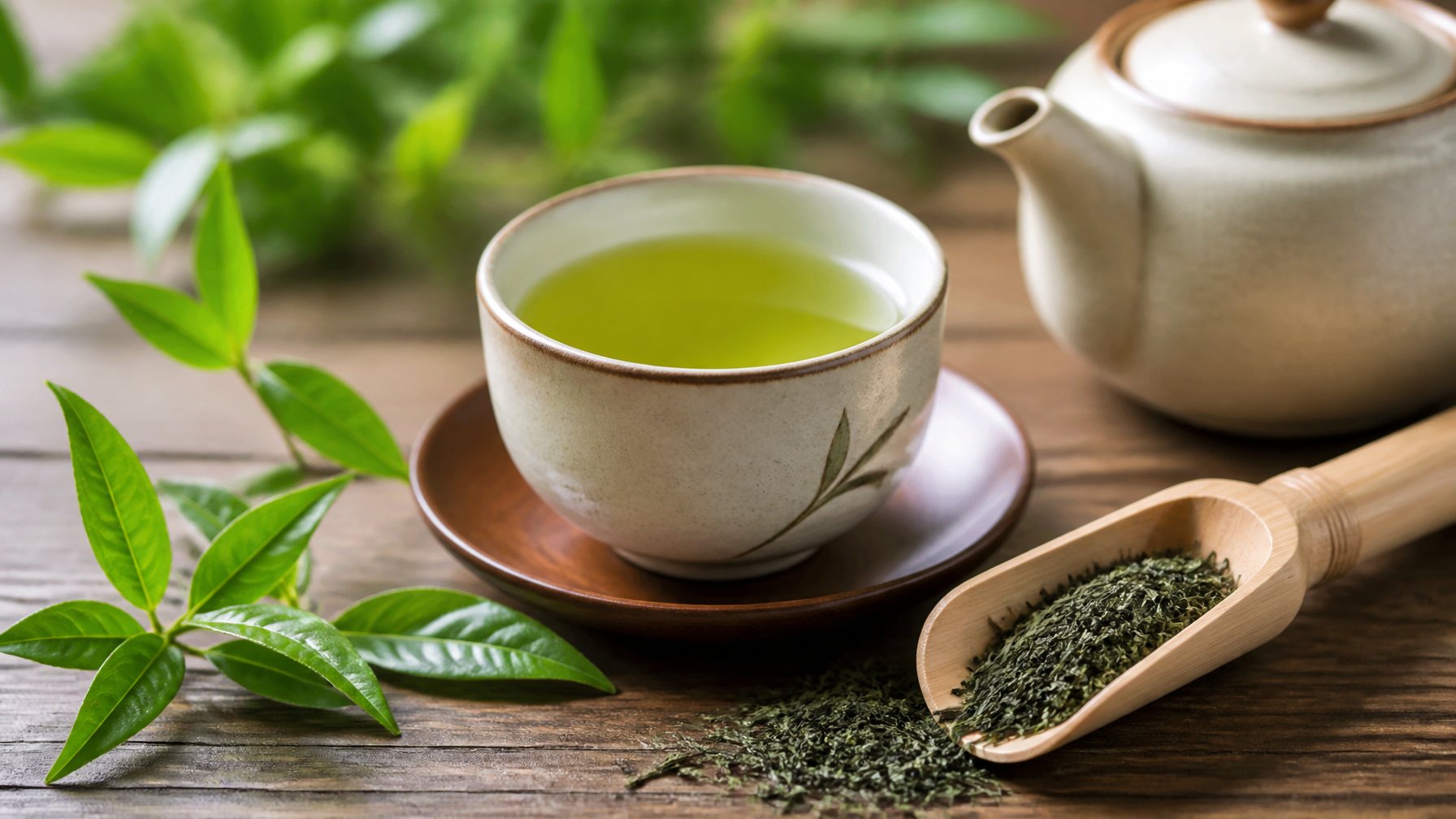 A cup of green sencha tea on a wooden table with fresh tea leaves and a ceramic teapot in the background.