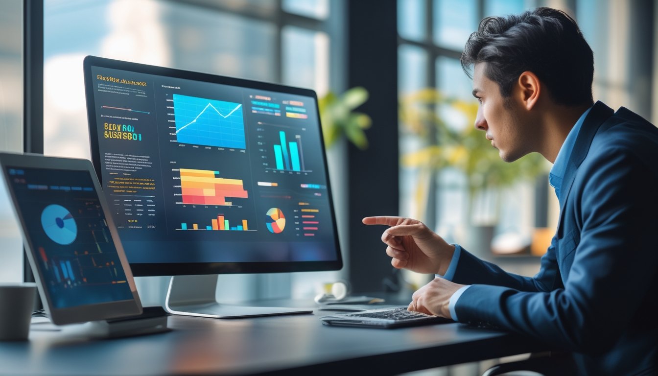 Seorang profesional sedang menganalisis data statistik di meja kerja dengan monitor komputer yang menampilkan grafik dan diagram.