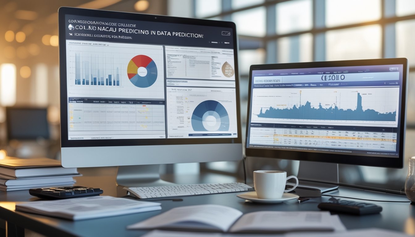 Meja kerja dengan komputer menampilkan grafik dan analisis data prediksi Colok Macau, disertai dokumen dan alat tulis.