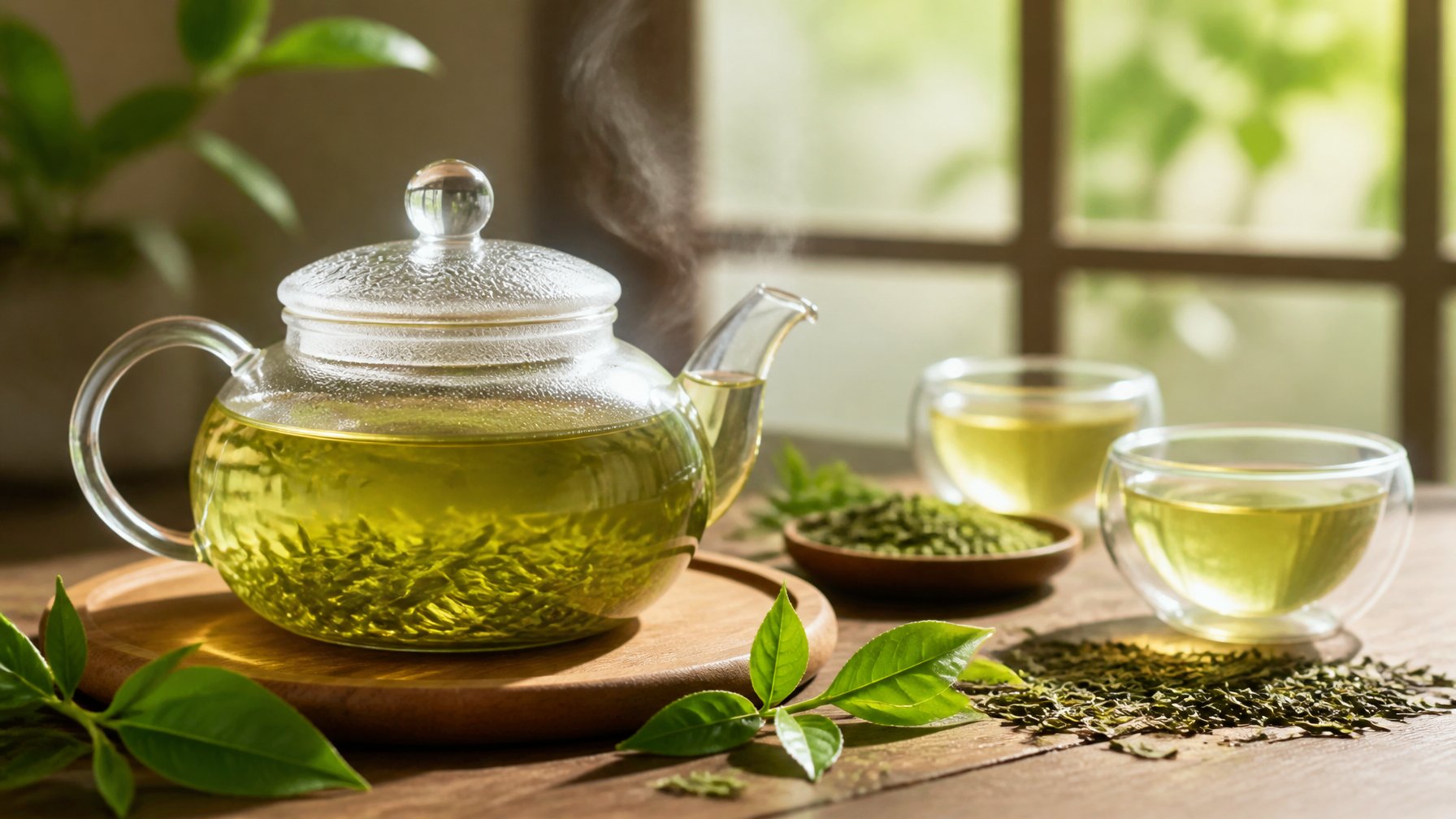 A glass teapot filled with green Sencha tea on a wooden surface surrounded by fresh green tea leaves with soft natural light in the background.