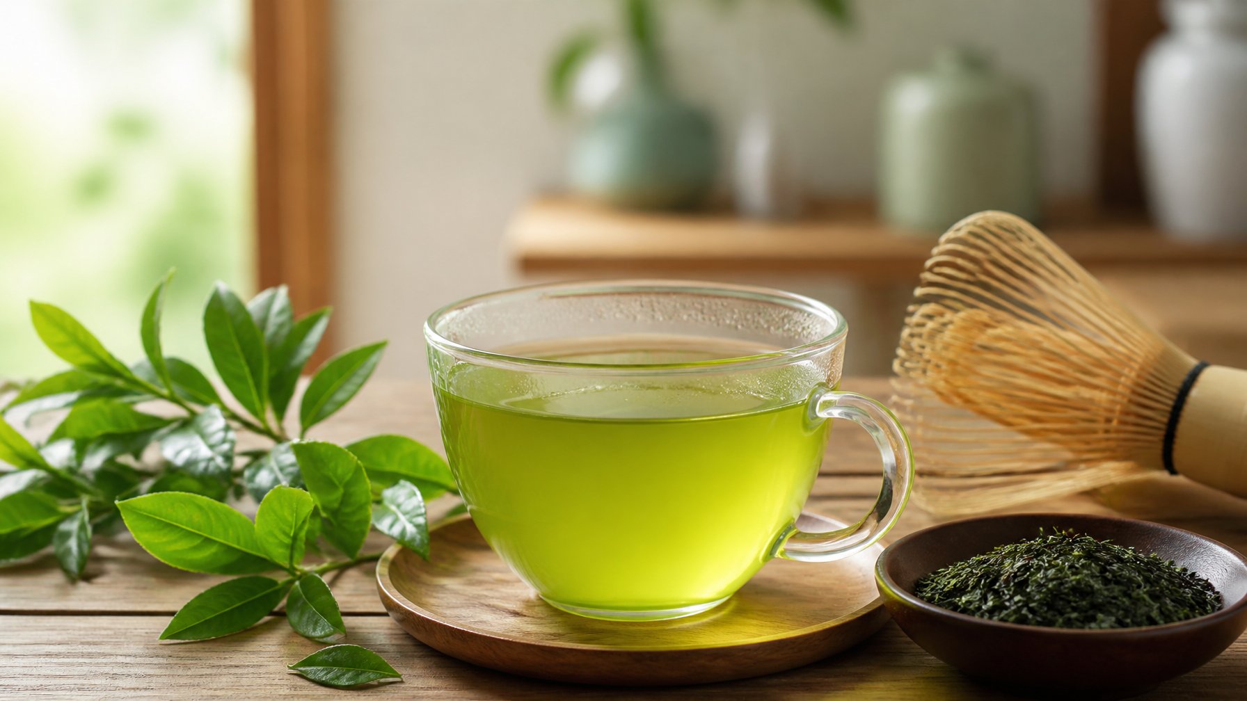 A glass cup of green sencha tea on a wooden table with fresh sencha tea leaves and a bamboo tea whisk nearby.