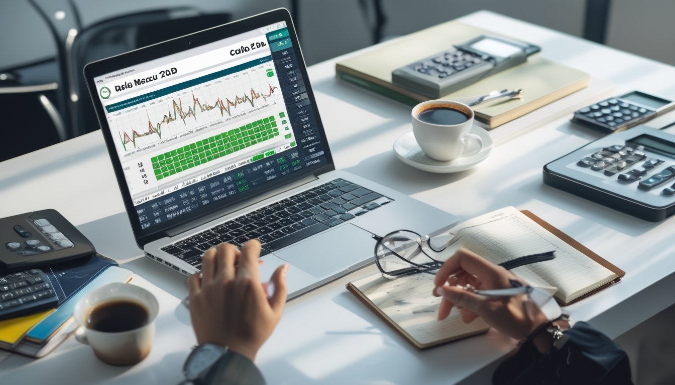 Meja kerja dengan laptop menampilkan data angka dan grafik, dilengkapi dengan buku catatan, kalkulator, dan kopi, menggambarkan suasana fokus mempelajari strategi menang togel.