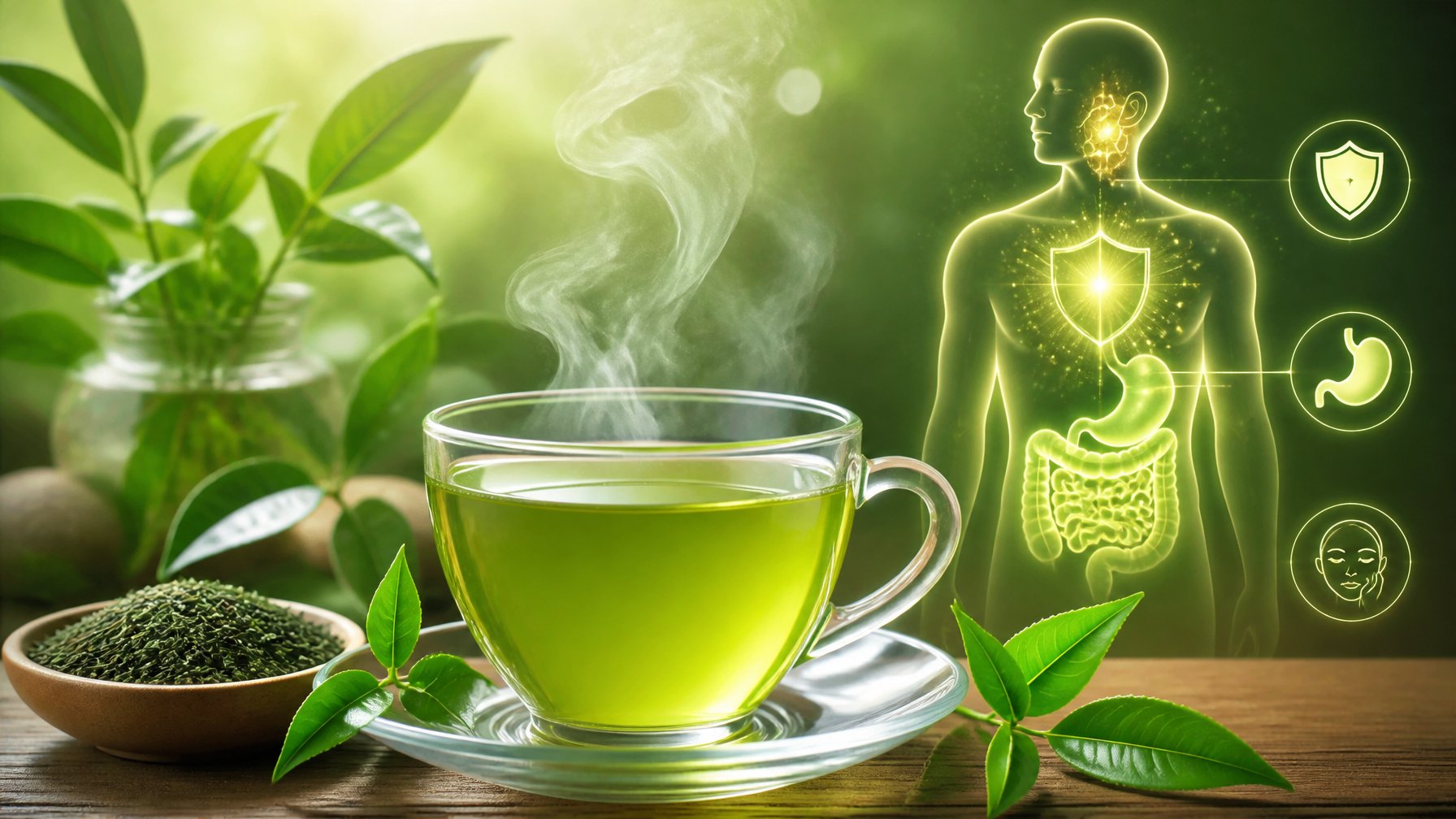 A glass cup of green sencha tea on a wooden table with fresh tea leaves nearby and a glowing human silhouette highlighting immune system, digestion, and skin areas in the background.