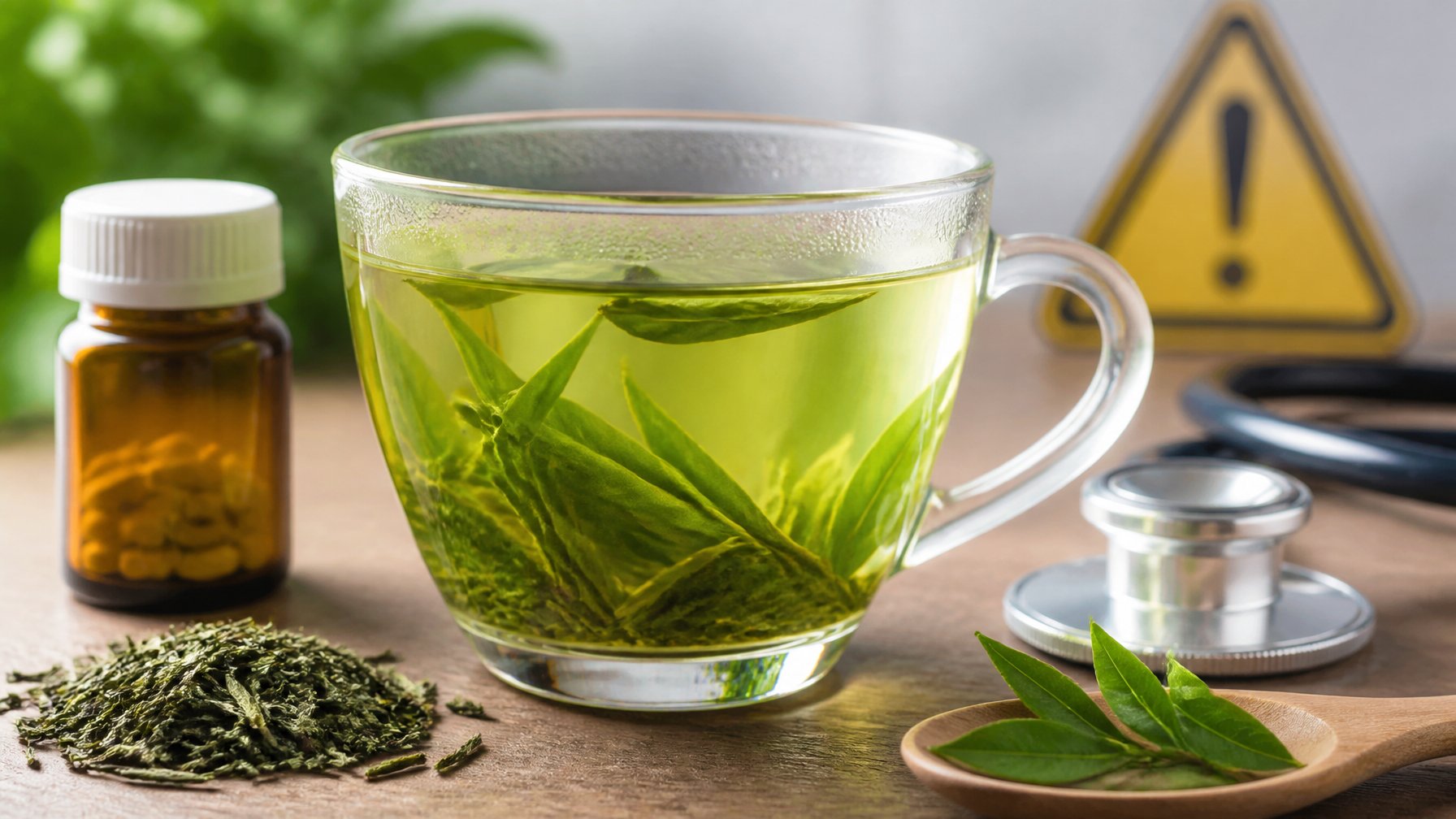 A glass cup of green sencha tea on a wooden table with a small medicine bottle and scattered tea leaves nearby.