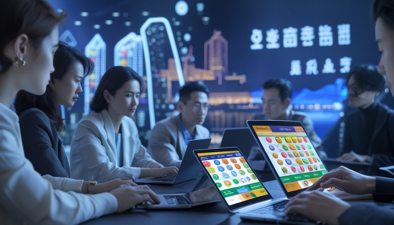 Beberapa orang dewasa menggunakan perangkat digital untuk bermain lotere dan taruhan online dengan latar belakang yang menampilkan simbol Macau.
