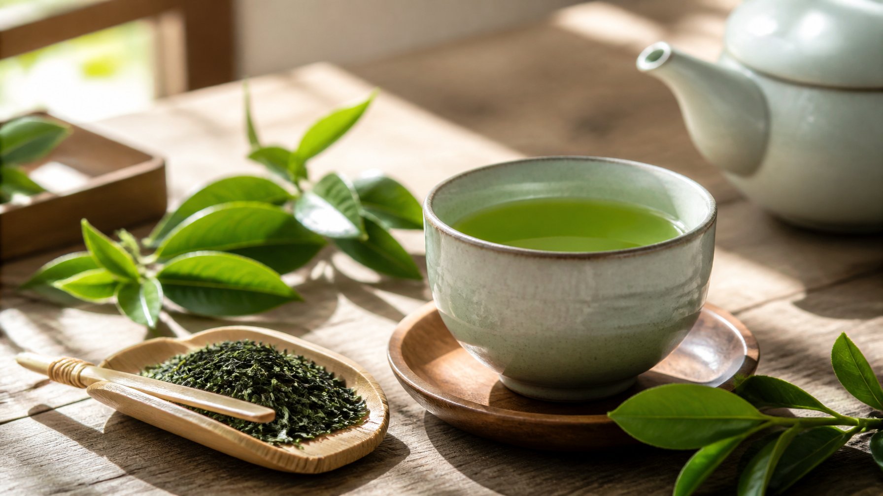 A cup of green sencha tea on a wooden table with fresh tea leaves and a bamboo scoop nearby.