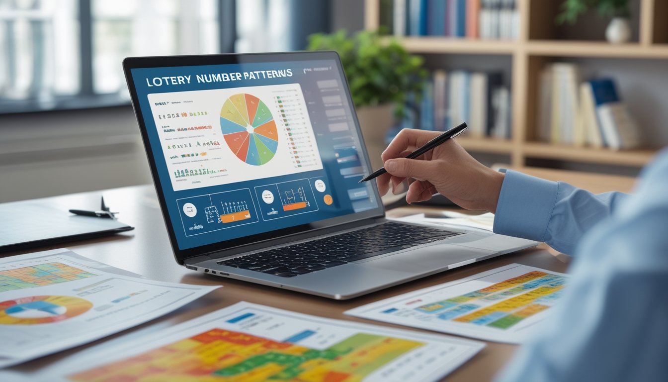Meja kerja dengan laptop yang menampilkan grafik pola angka lotere, tangan seseorang menunjuk layar dengan pena, dan kertas data tersebar di meja.