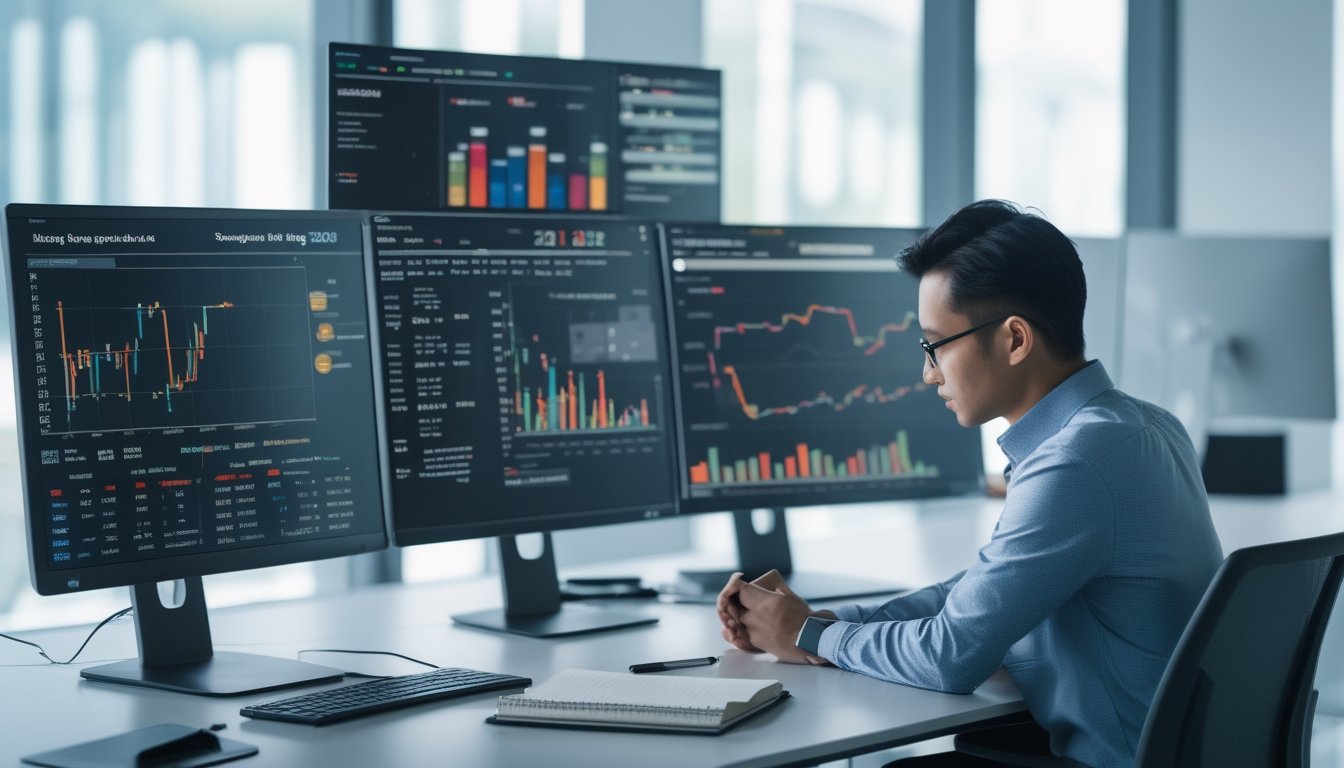 Seorang analis sedang memeriksa data dan grafik prediksi lotere di sebuah kantor modern dengan beberapa layar komputer.