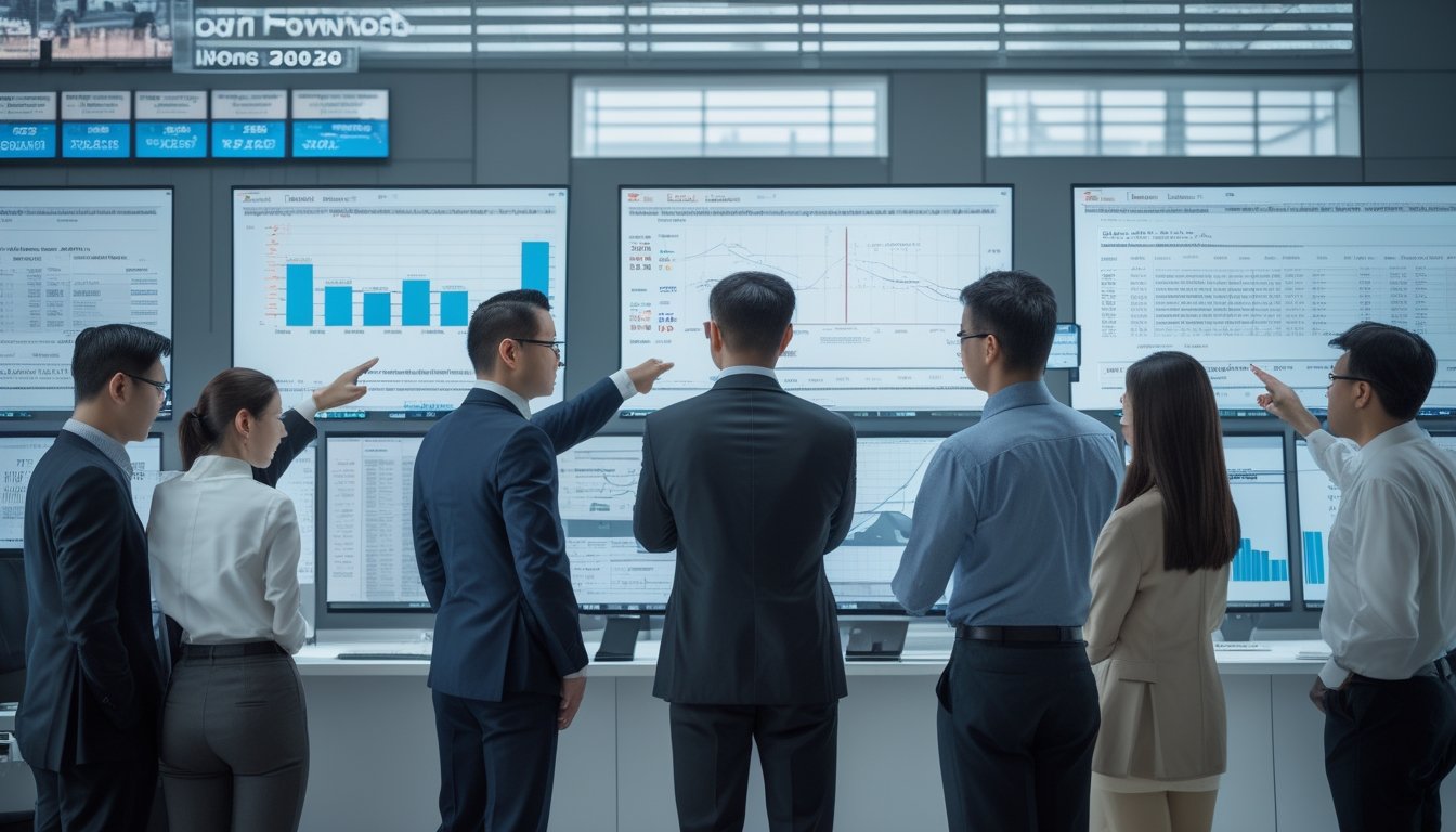 Suasana kantor modern dengan beberapa analis yang sedang membahas data dan grafik prediksi lotere untuk pasar Hong Kong dan Singapura tahun 2026.