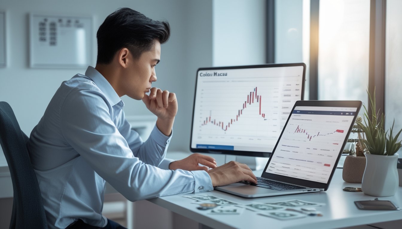 Seseorang sedang menganalisis data keuangan di depan laptop dan tablet dengan alat bermain judi seperti kartu dan chip di meja.