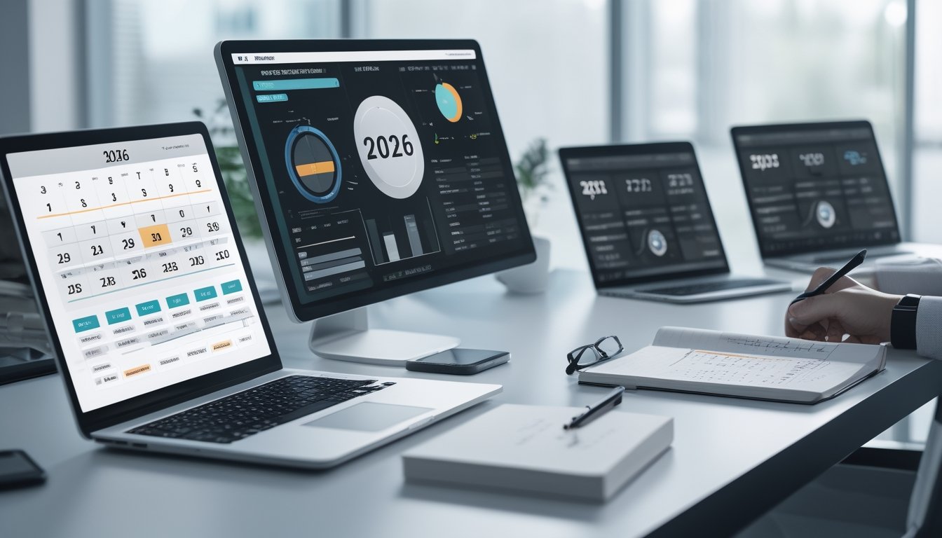 Meja kerja modern dengan perangkat digital menampilkan grafik dan data angka untuk prediksi tahun 2026.