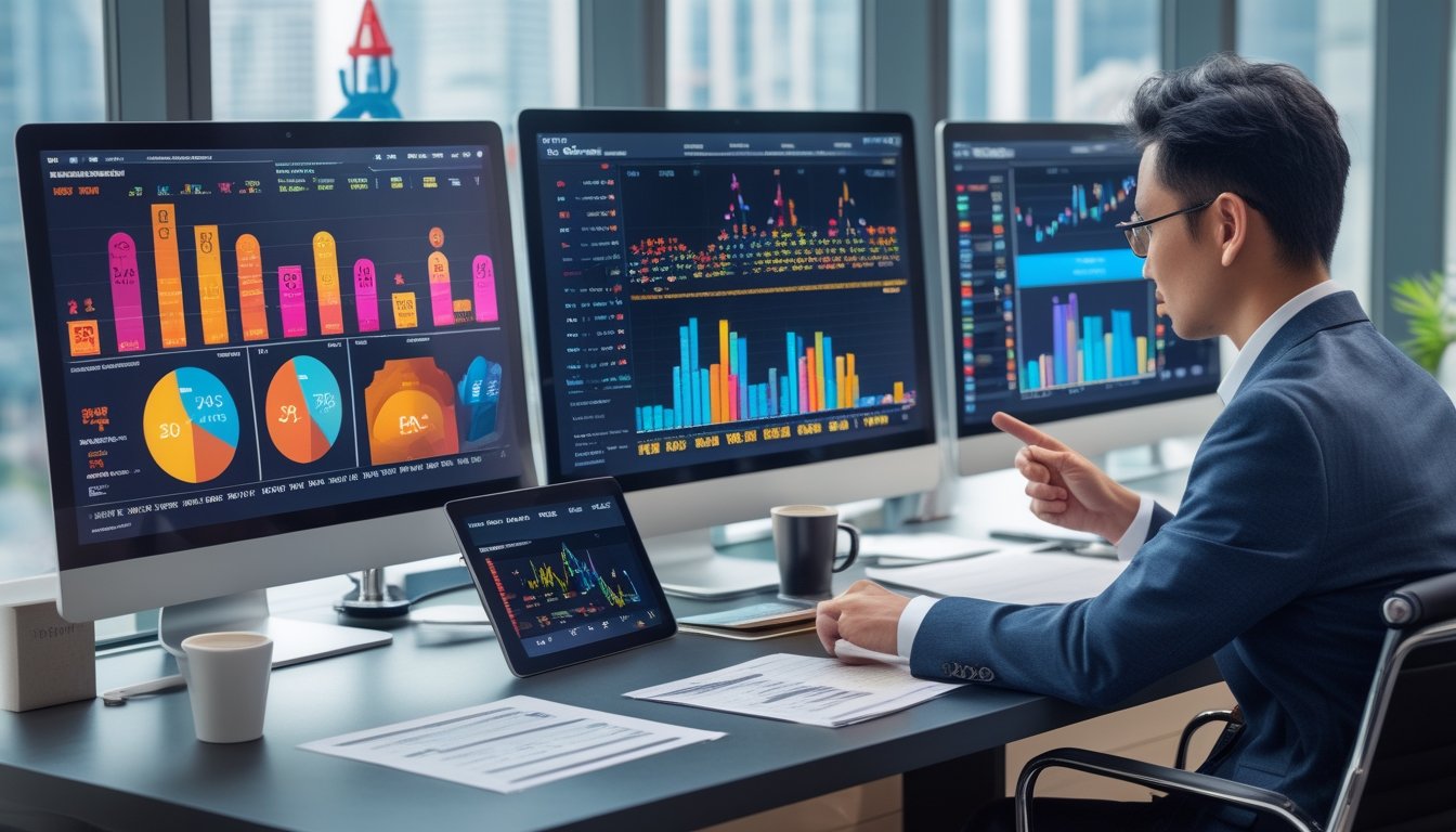 Seorang profesional sedang menganalisis grafik data statistik angka lotere Macau tahun 2026 di meja kerja dengan beberapa monitor komputer dan alat analisis.