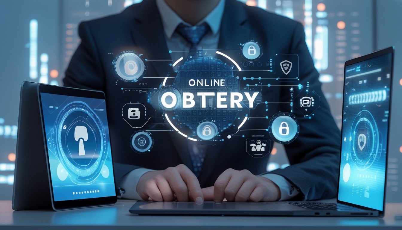 Seseorang duduk di meja dengan laptop dan ponsel, menampilkan ikon keamanan dan grafik terkait togel online.
