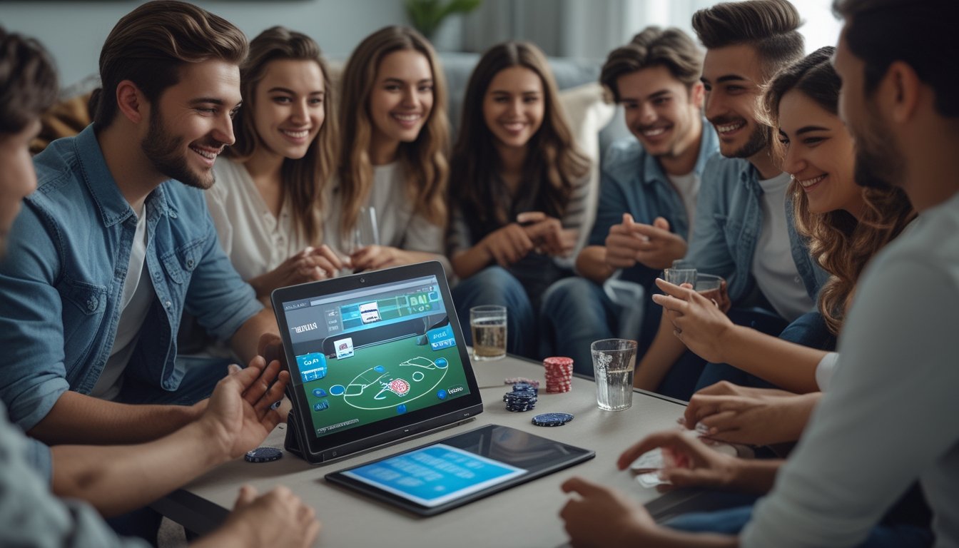 Sekelompok orang muda bermain poker online bersama di ruang tamu yang nyaman, dengan laptop di meja kopi dan suasana santai.